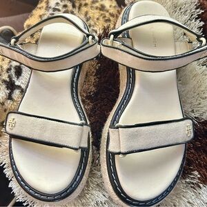Tory Burch Espadrille Slingback Sandals • Beige & Black • Authentic Logo Style